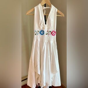 White Halter Dress with Embroidered Flowers